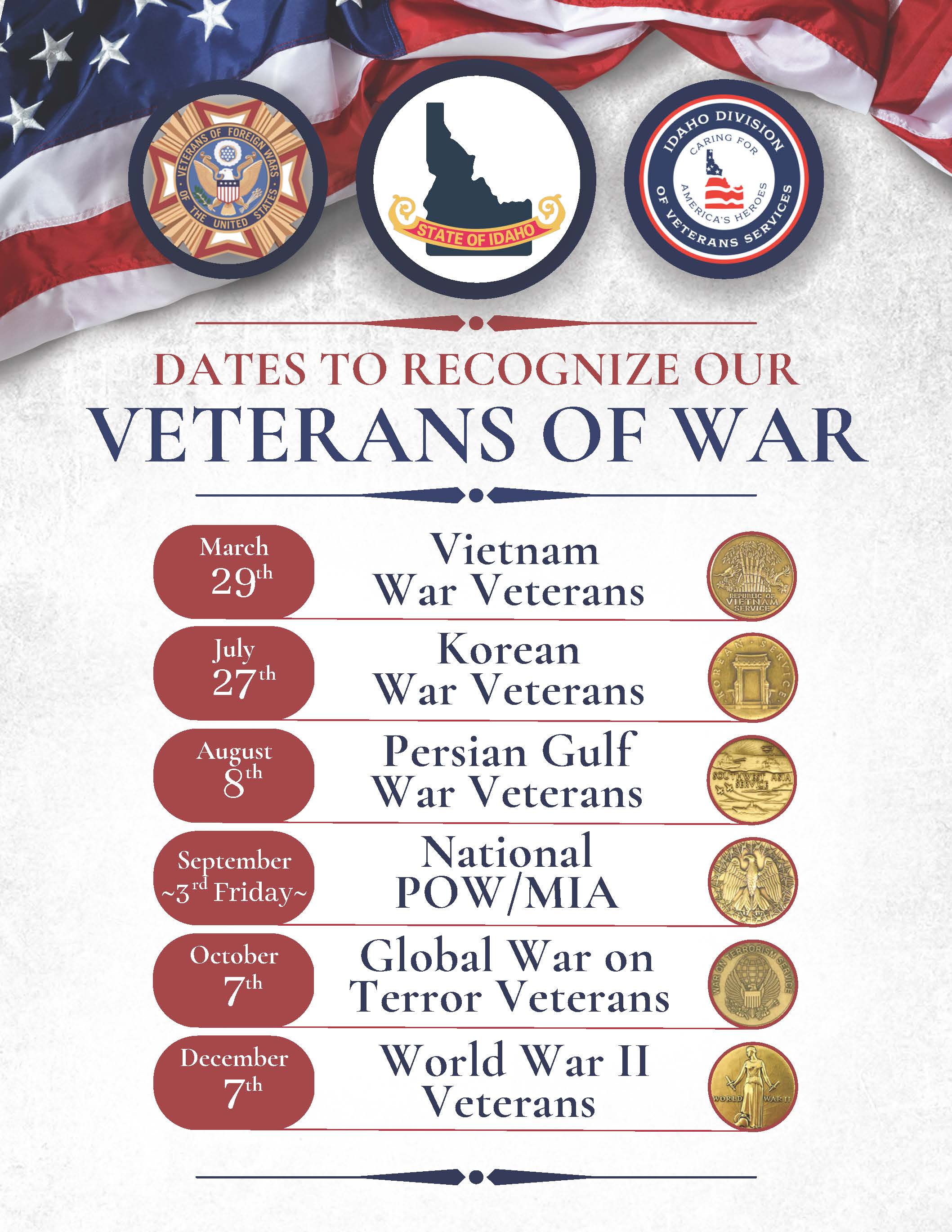 VFW & State of Idaho Recognition Dates for our War Veterans Capitol